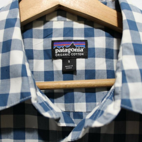 Patagonia Mens Small Organic Cotton Blue Short Sleeve Button Up Plaid Shirt - Picture 2 of 4